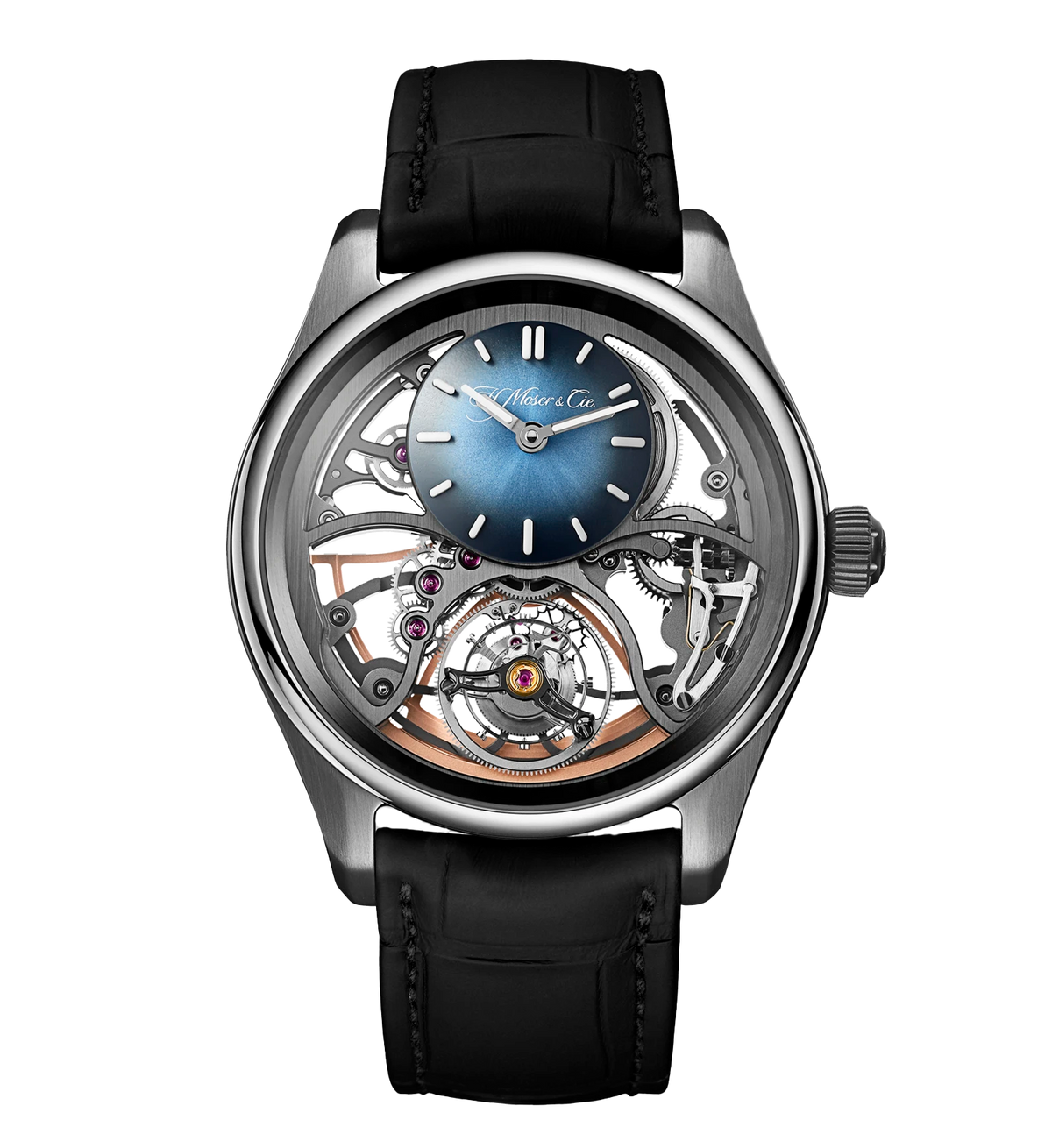 H. Moser & Cie. Pioneer Cylindrical Tourbillon Skeleton, 43mm with Leather Strap