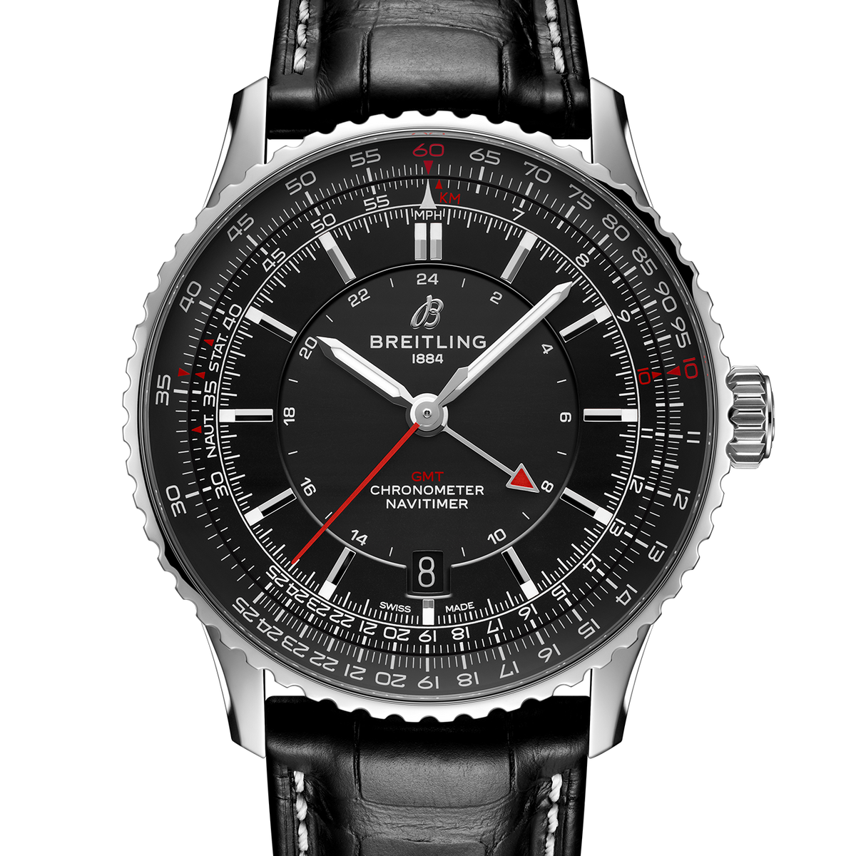 Breitling Navitimer Automatic GMT 41 Watch with Black Leather Strap