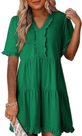 Women’s Elegant Green Ruffle Sleeve V-Neck Tiered Midi Dress