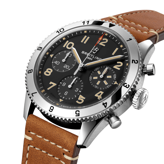 Breitling Classic AVI Chronograph 42 P-51 Mustang Watch with a Gold Brown Leather Strap