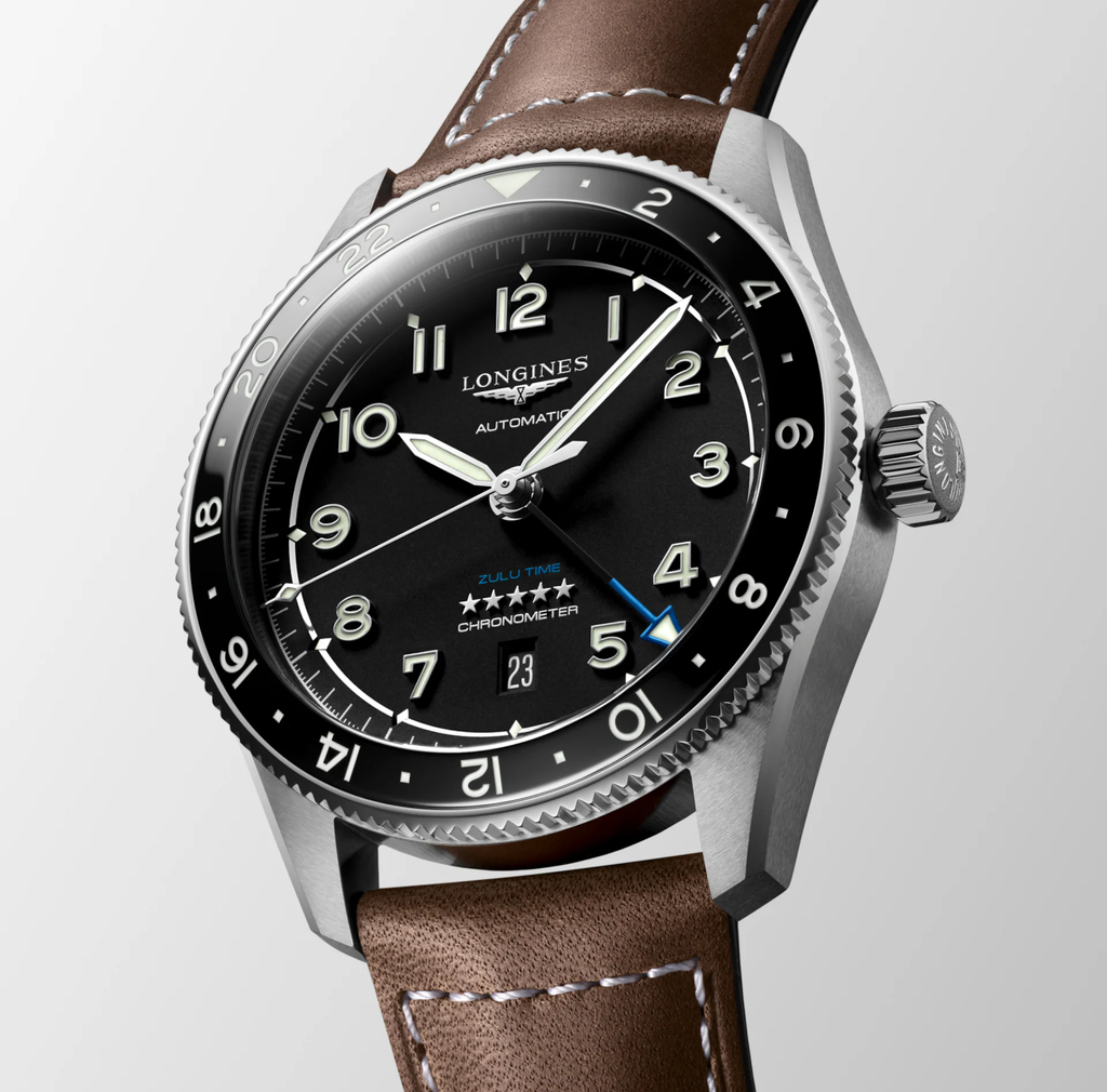 Longines Spirit Zulu Time 42mm Watch with Brown Leather Strap