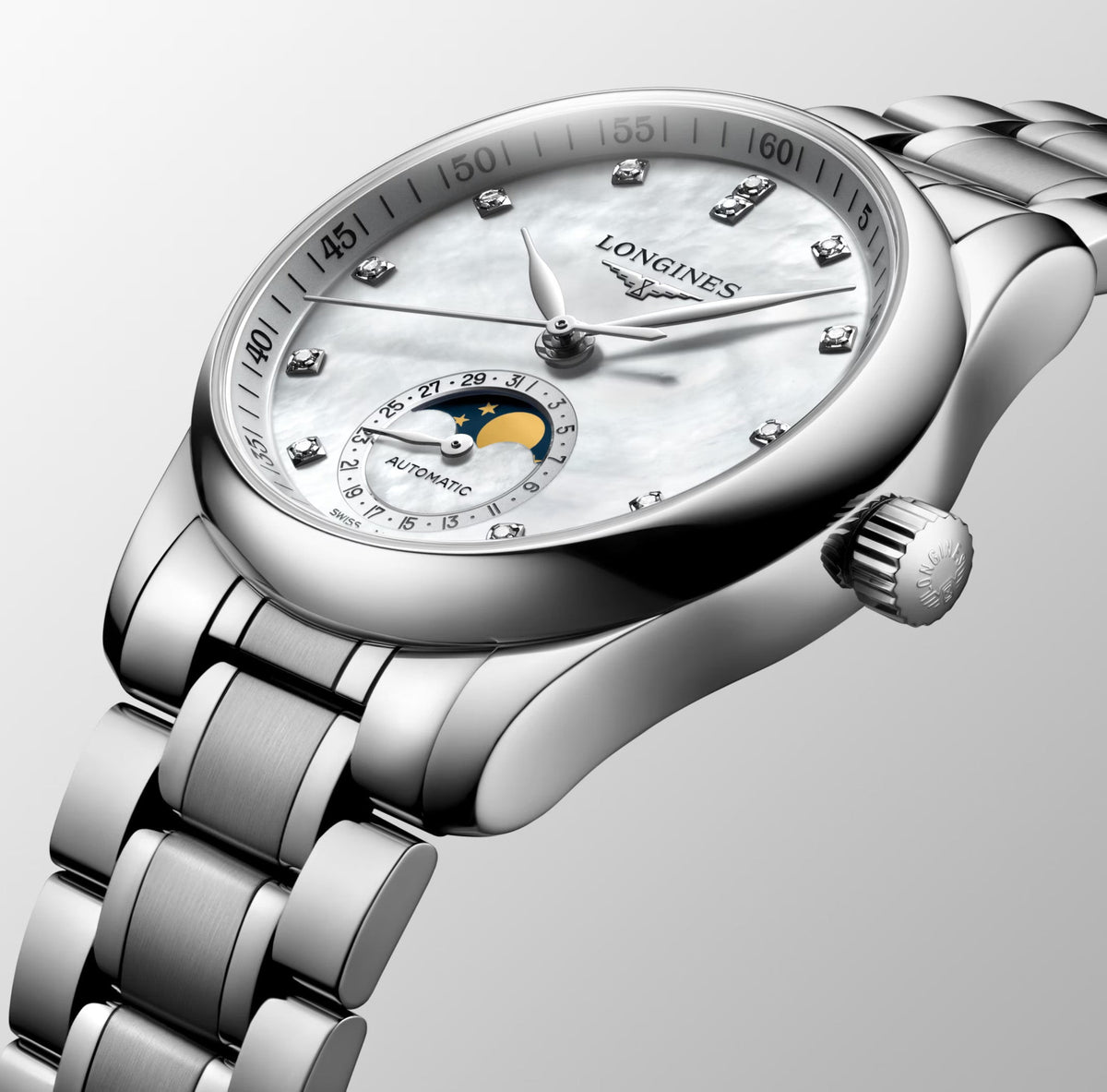 Longines Master Moonphase 34mm Watch with Mother-of-Pearl Dial