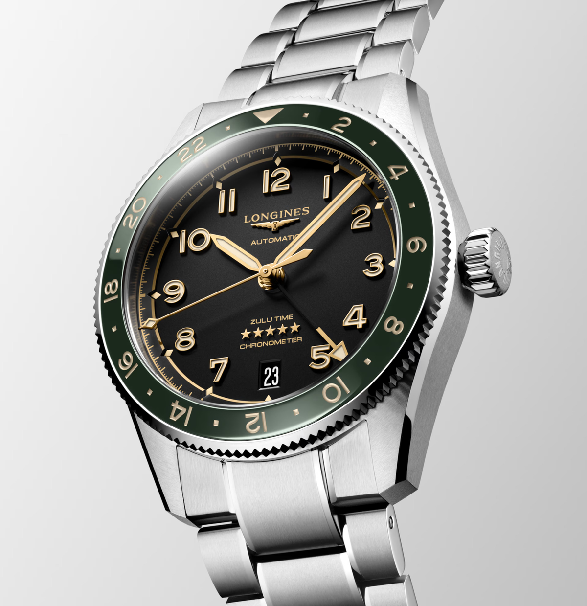 Longines Spirit Zulu Time 39mm Watch with Green Bezel