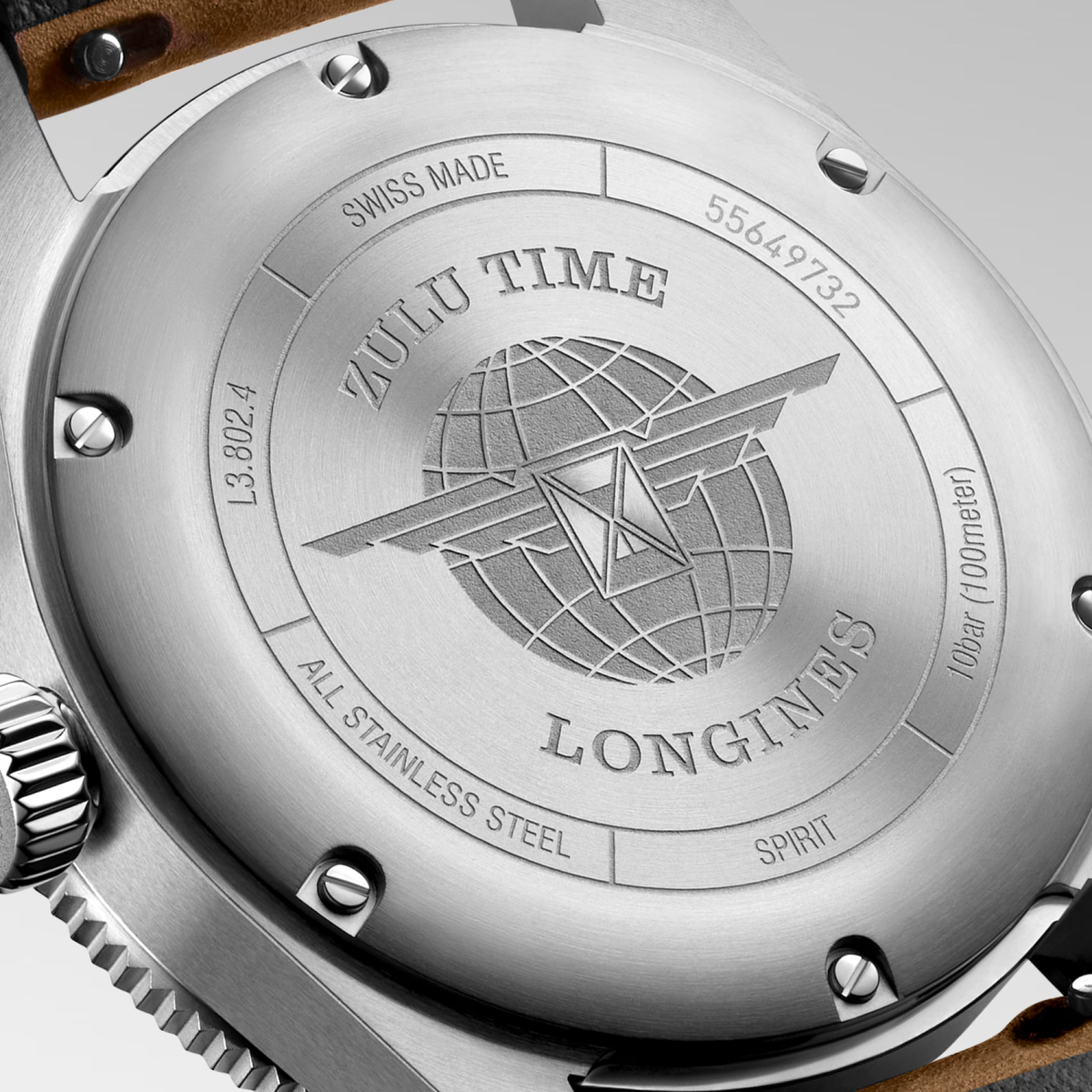 Longines Spirit Zulu Time 39mm Watch with Brown Leather Strap