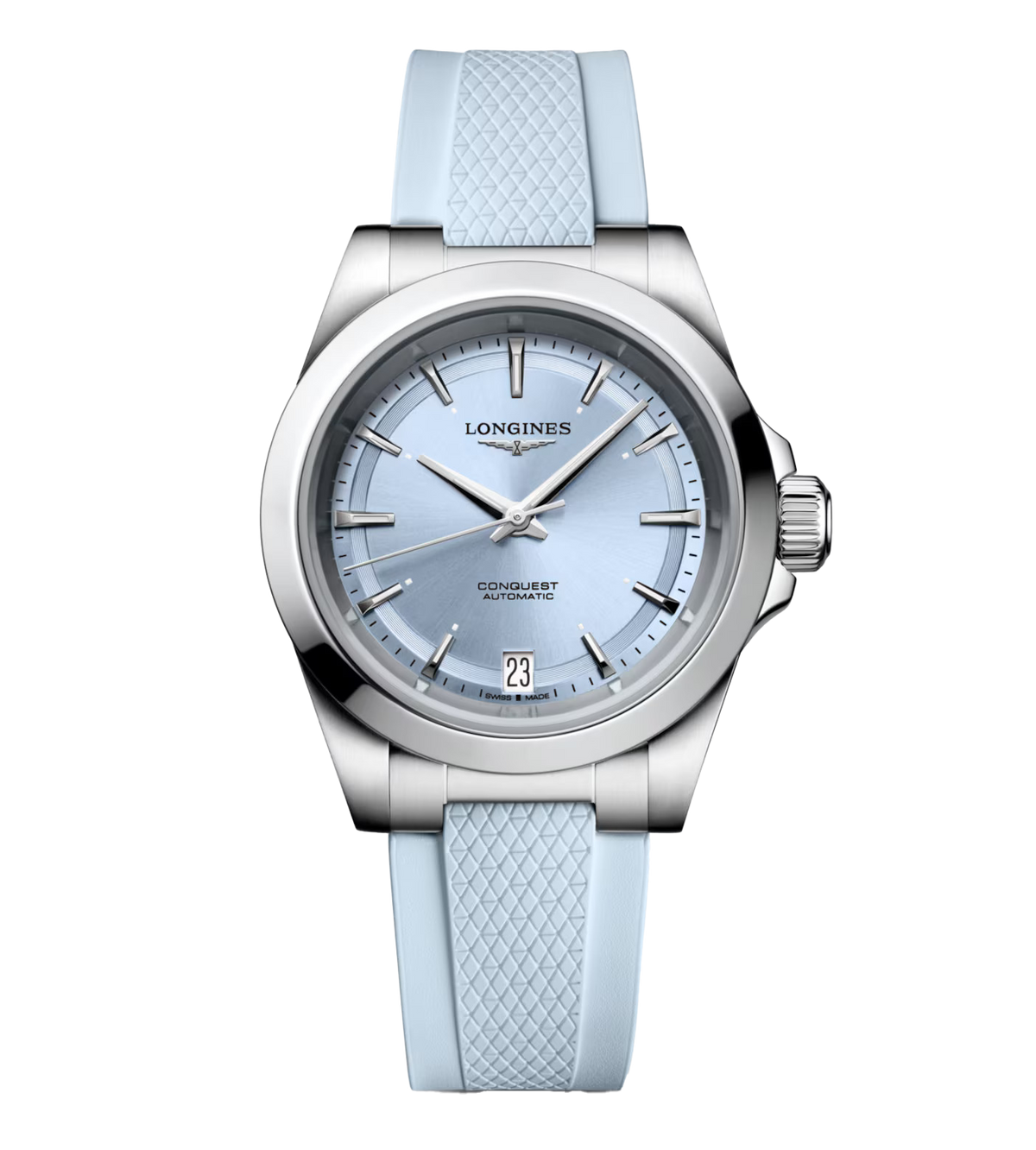 Longines Conquest 34mm Watch with Baby Blue Rubber Strap