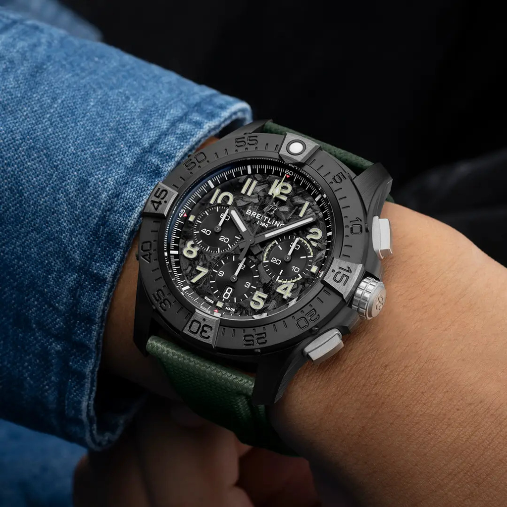 Breitling Super Avenger B01 Chronograph 46 Night Mission Watch with Khaki Green Leather Strap
