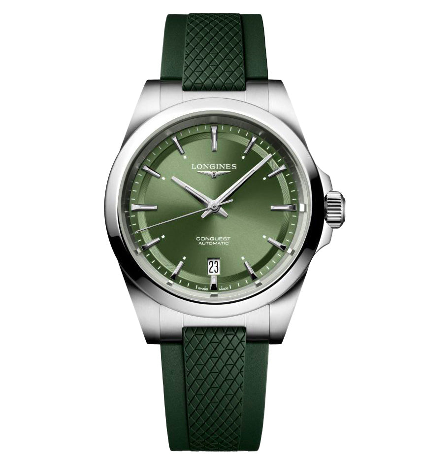 Longines Conquest 38mm Watch with Green Rubber Strap