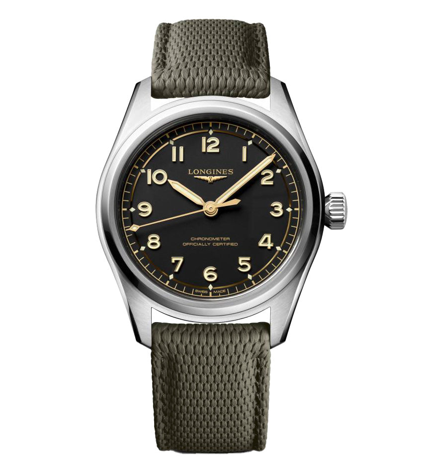 Longines Spirit Pilot 39mm Watch with Green Rubber Strap
