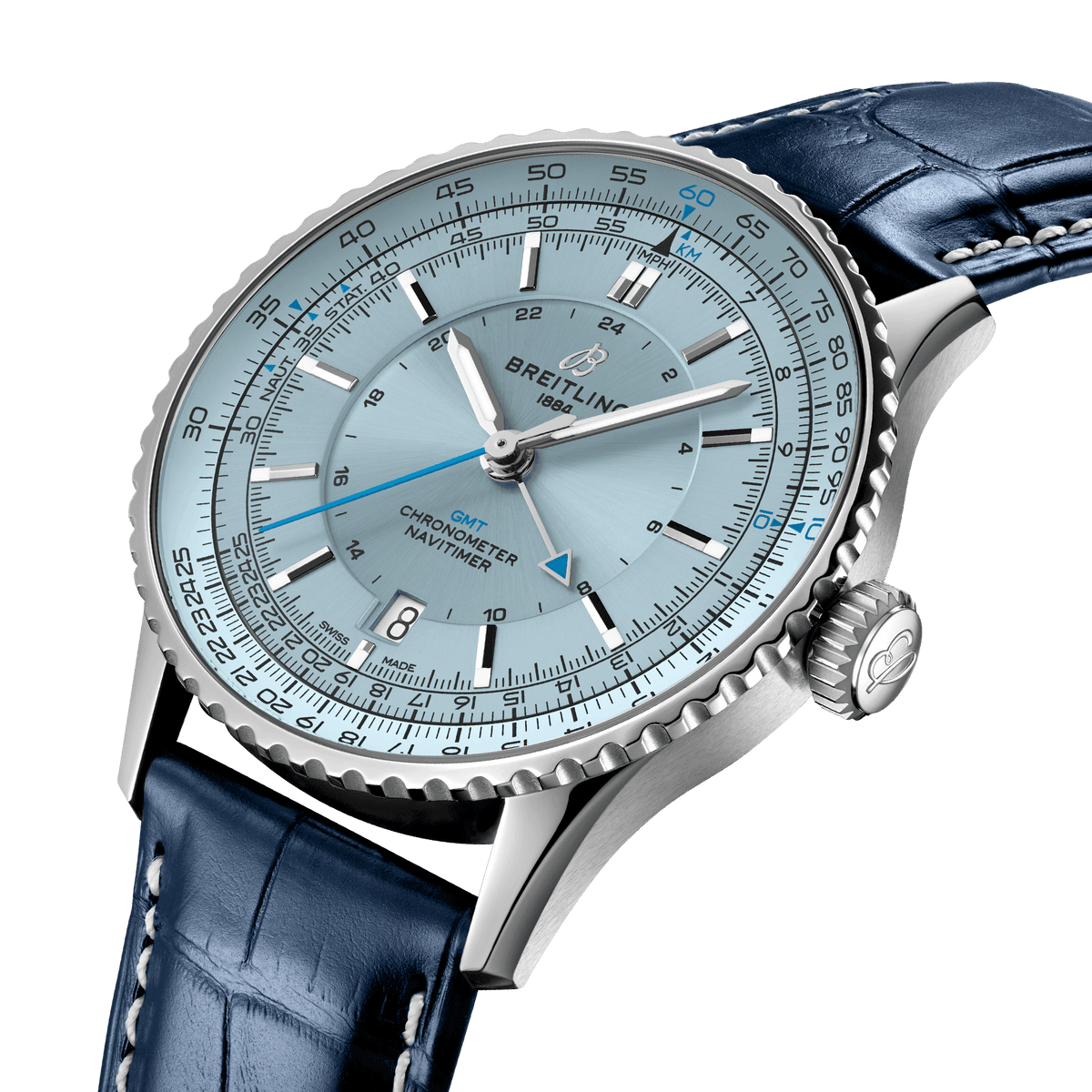Breitling Navitimer Automatic GMT 41 Watch with Navy Leather Strap