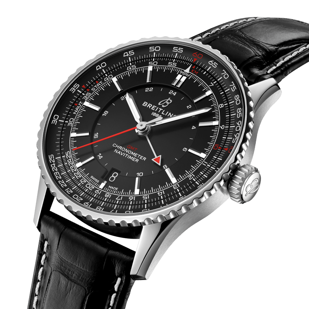Breitling Navitimer Automatic GMT 41 Watch with Black Leather Strap