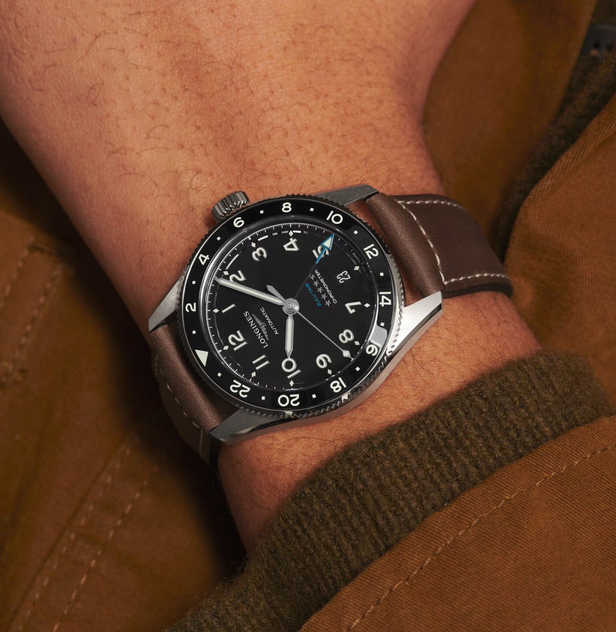 Longines Spirit Zulu Time 39mm Watch with Leather Strap