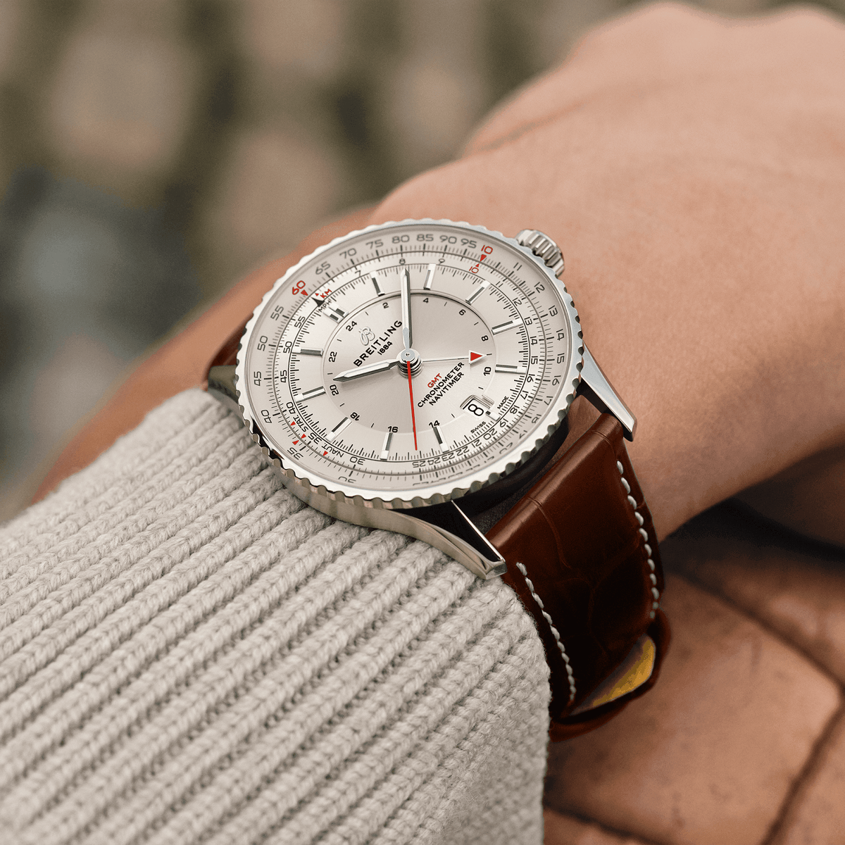 Breitling Navitimer Automatic GMT 41 Watch with Brown Leather Strap