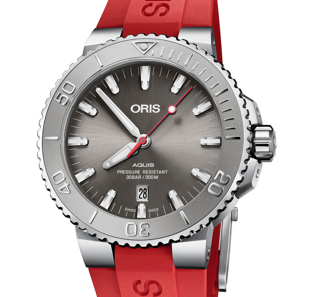 Oris Aquis Date Relief Watch with Grey Dial and Red Rubber Strap