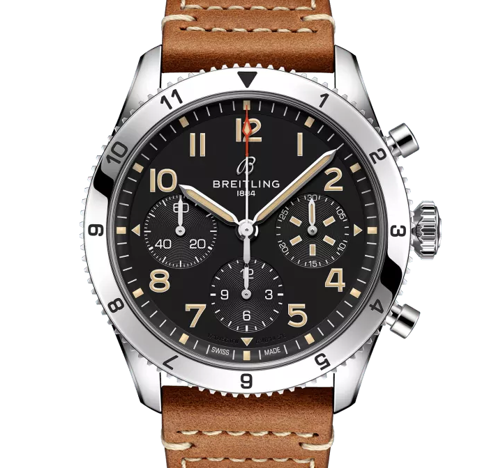 Breitling Classic AVI Chronograph 42 P-51 Mustang Watch with a Gold Brown Leather Strap