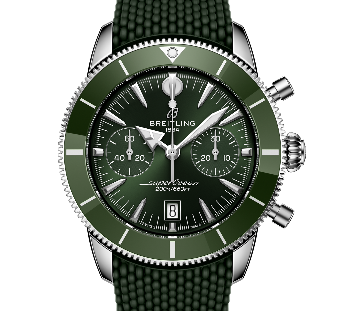 Breitling Superocean Heritage B01 Chronograph 42 Watch with Green Mesh Rubber Strap